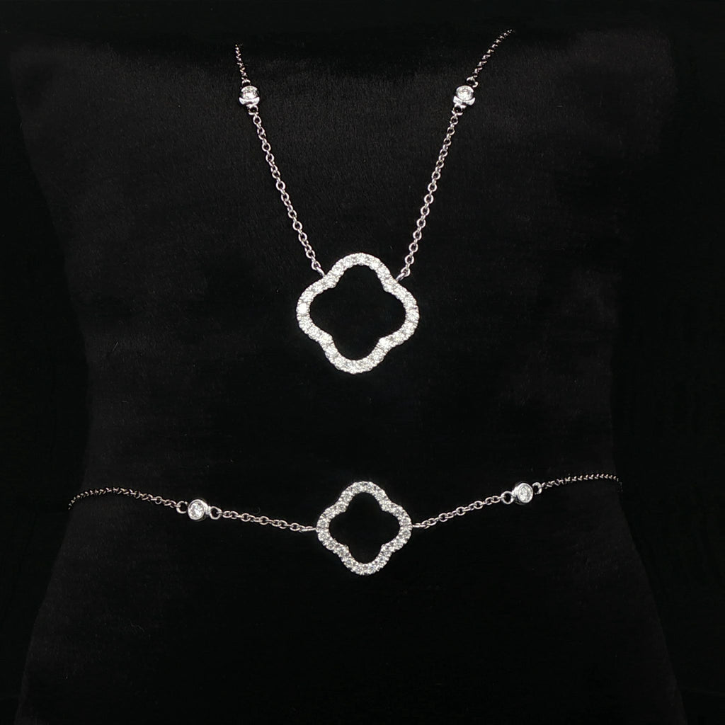 9k White Gold Four Leaf Clover Natural Diamond Necklace and Bracelet Set