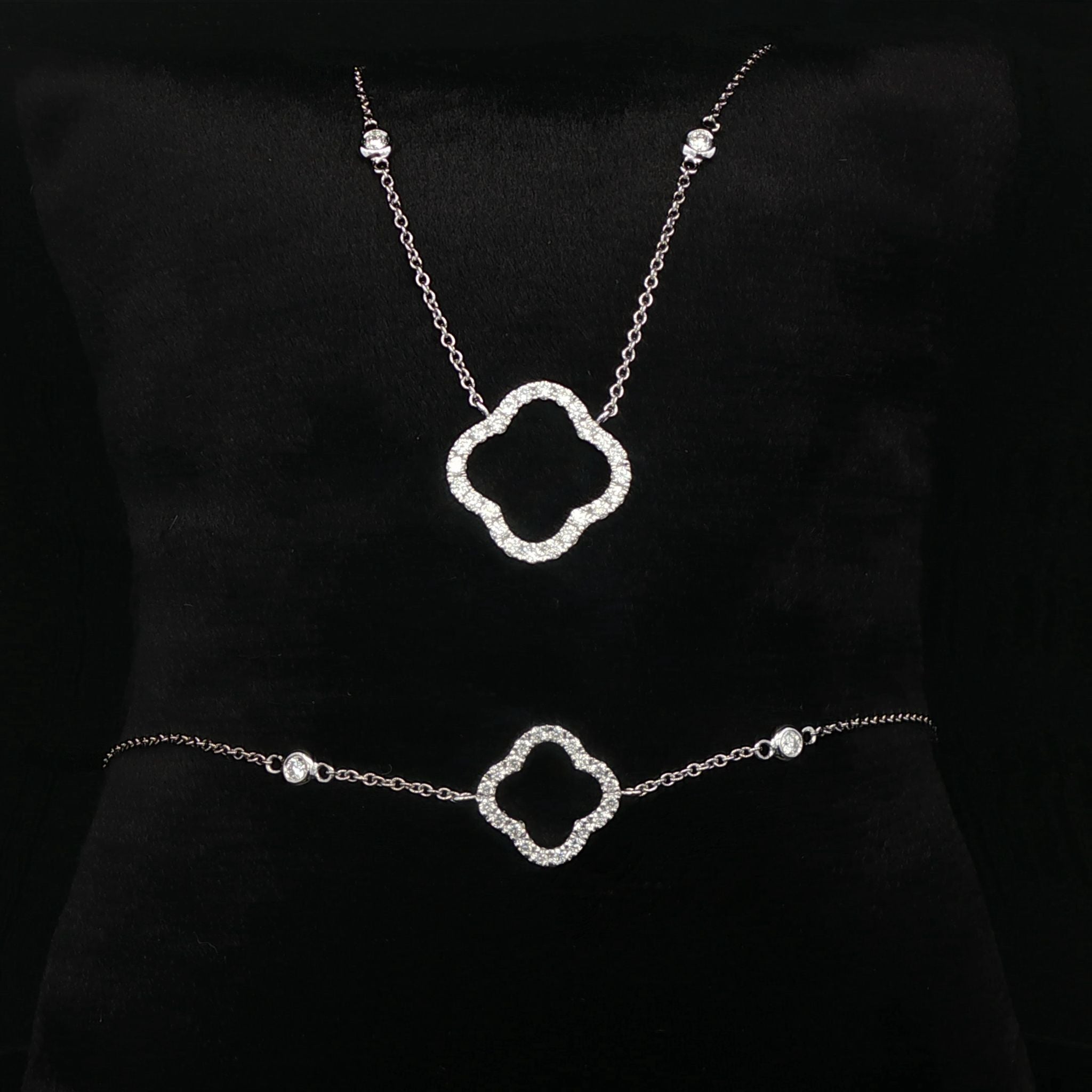 9k White Gold Four Leaf Clover Natural Diamond Necklace and Bracelet Set