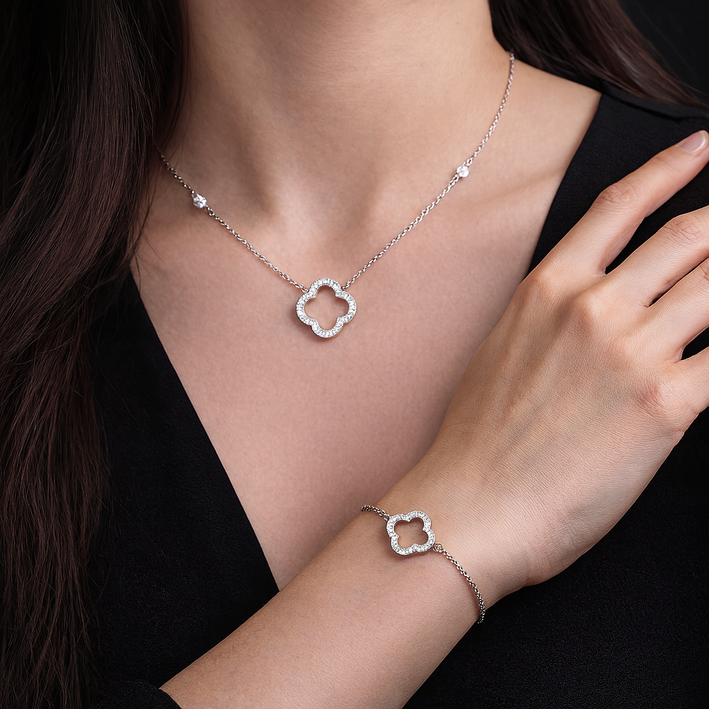 9k White Gold Four Leaf Clover Natural Diamond Necklace and Bracelet Set